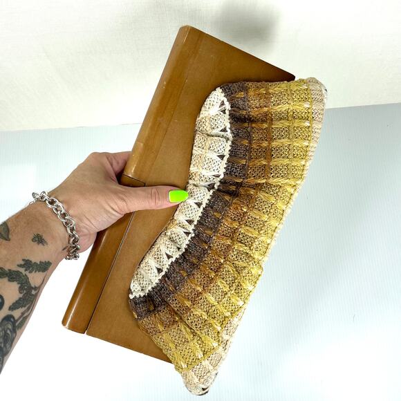 Urban Expressions Handbags - RETRO Woven Clutch Purse Wood Festival Boho Bohemian 70s Neutral Summer Fall